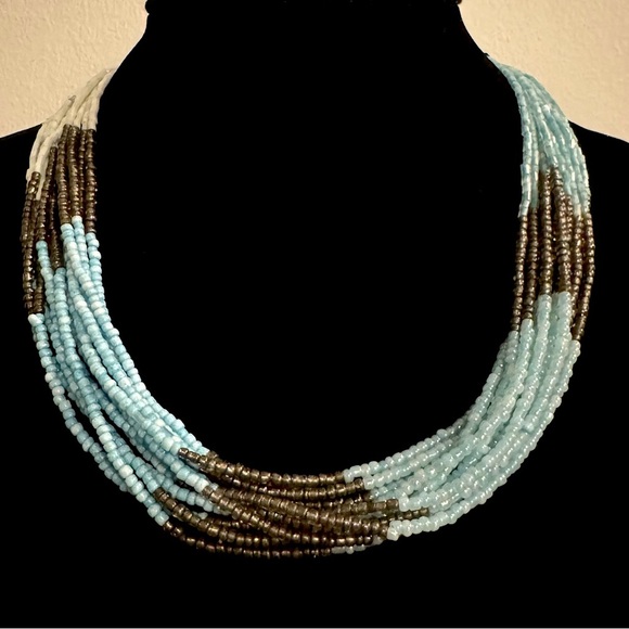 Long Multistrand Beaded Necklace (Sea Foam, Teal, Aquamarine, Turquoise Beads) - Picture 3 of 17